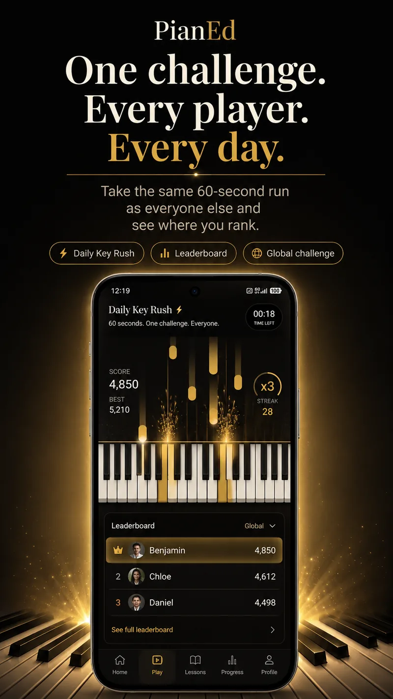 PianEd feature preview of Daily Key Rush: a 60-second run with a 3x streak multiplier and the global leaderboard beneath it.