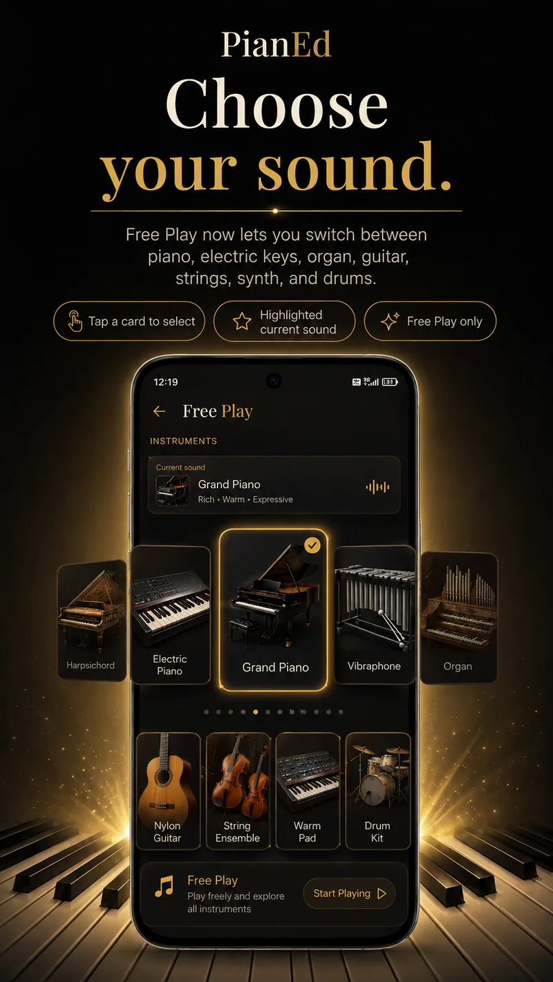 PianEd Free Play preview showing the instrument carousel: grand piano, electric piano, harpsichord, organ, vibraphone, guitar, strings and drum kit.