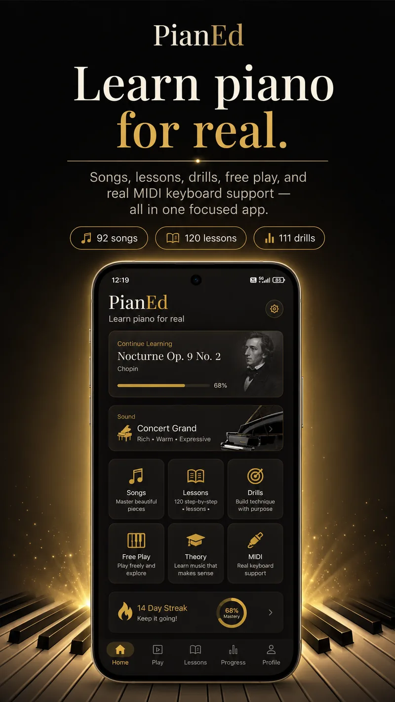 Promotional preview of PianEd showing the app home screen with 92 songs, 120 lessons and 111 drills, and the current piece ready to continue.