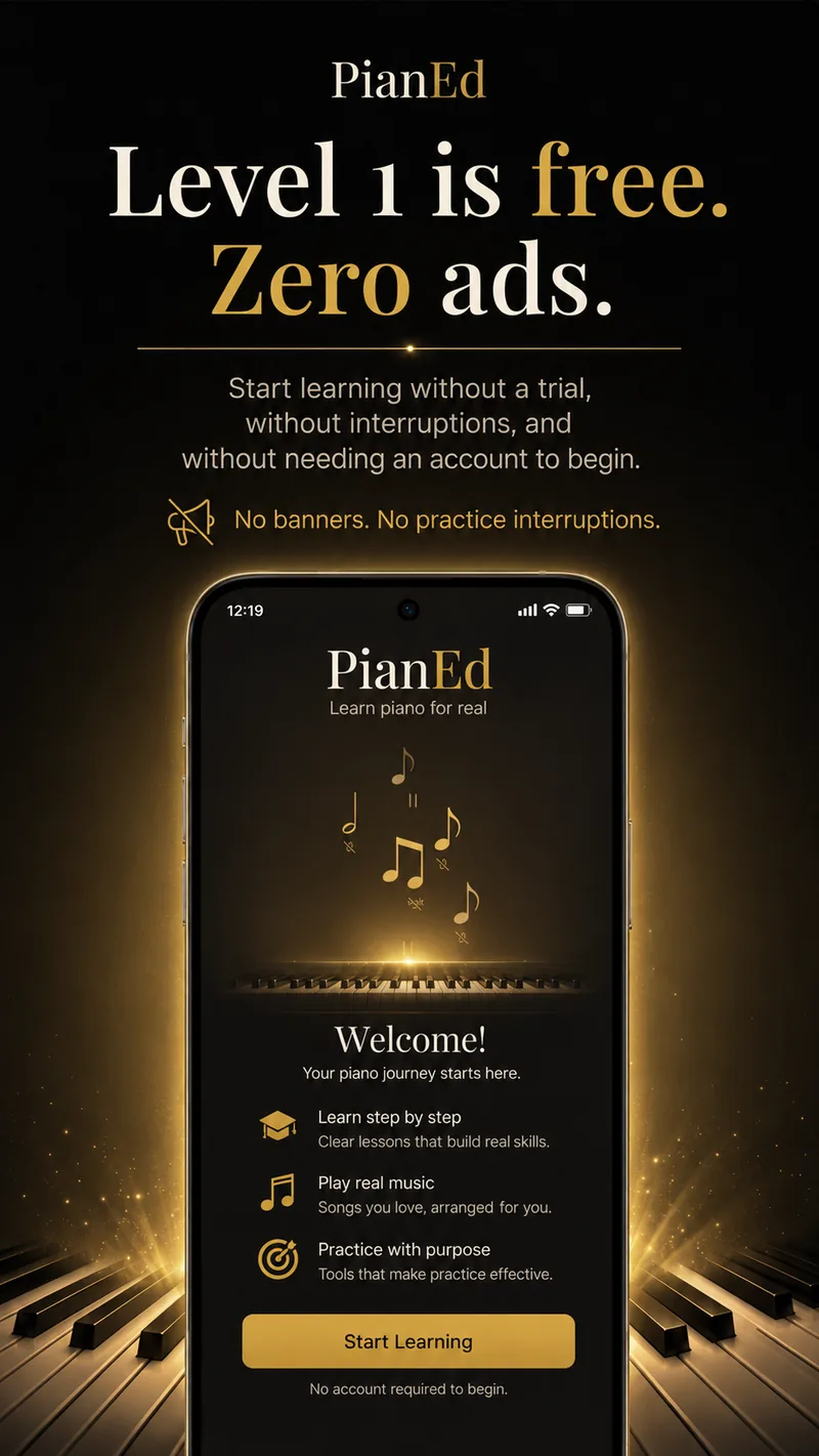 Promotional preview of PianEd stating that Level 1 is free with no ads, no trial and no account needed to begin.