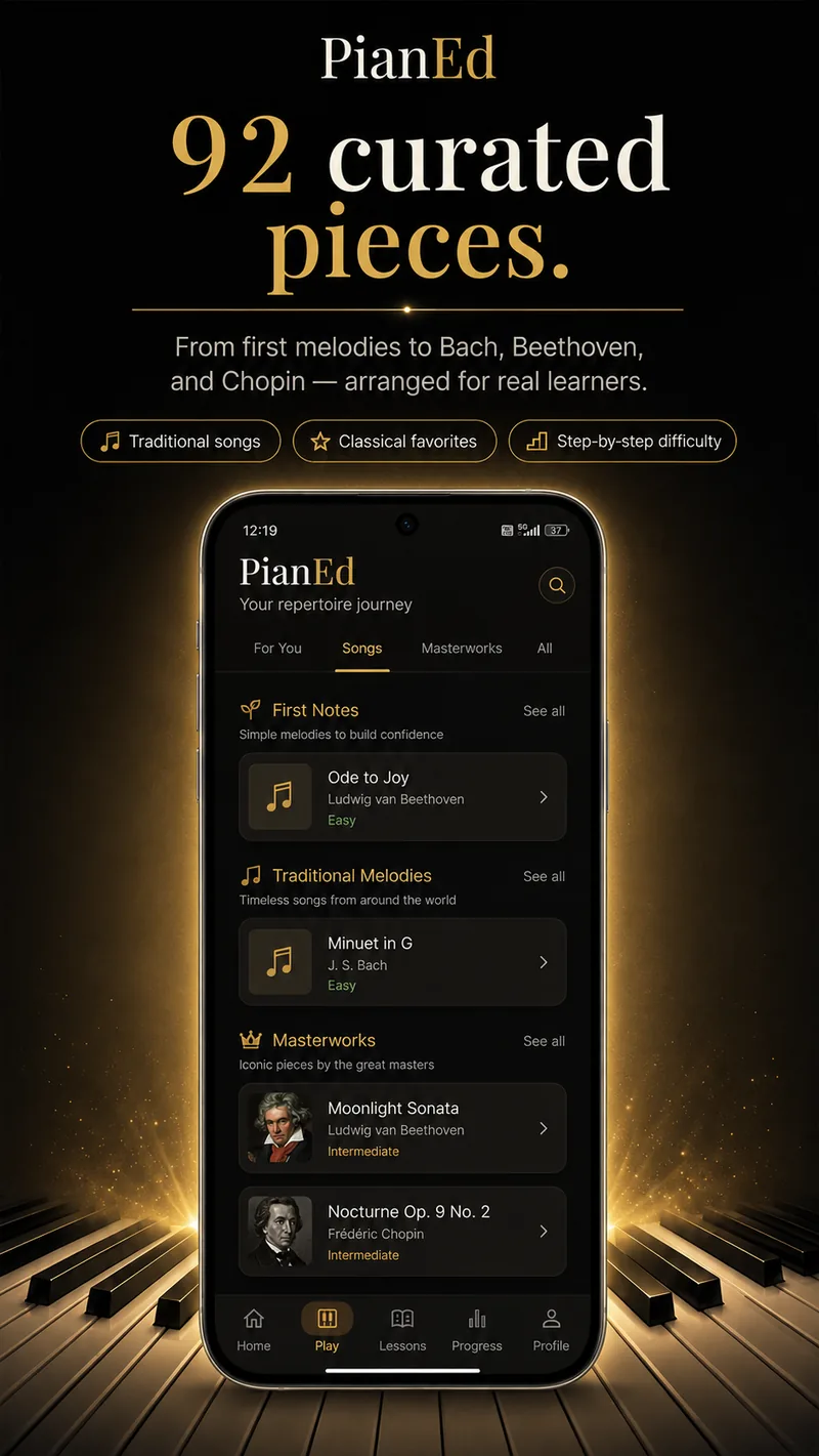 PianEd feature preview of the repertoire, showing first melodies, traditional songs and masterworks including Ode to Joy, a Bach minuet and Moonlight Sonata.