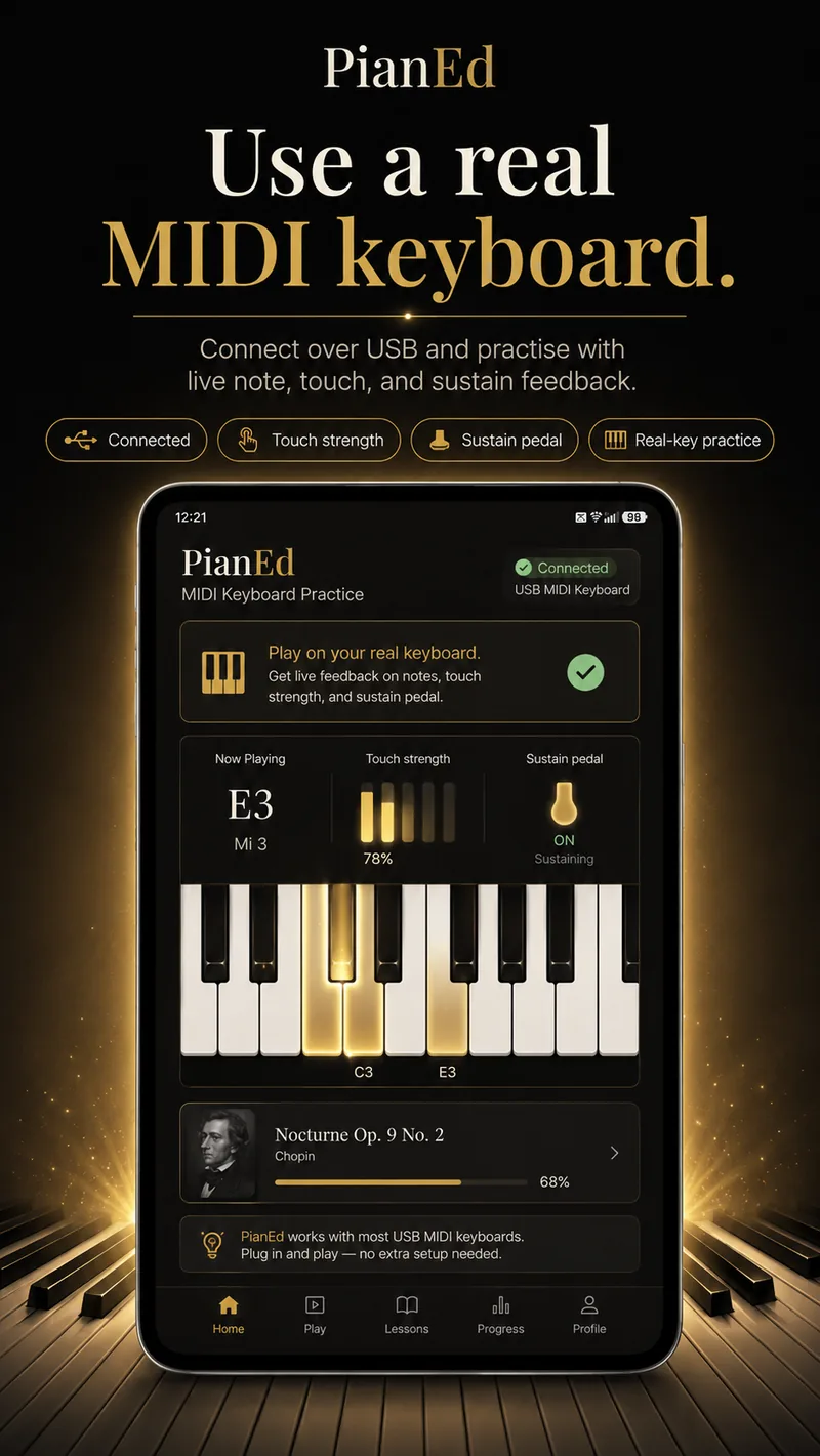 PianEd feature preview of MIDI keyboard practice, showing the note E3, touch strength at 78 percent and the sustain pedal held down.
